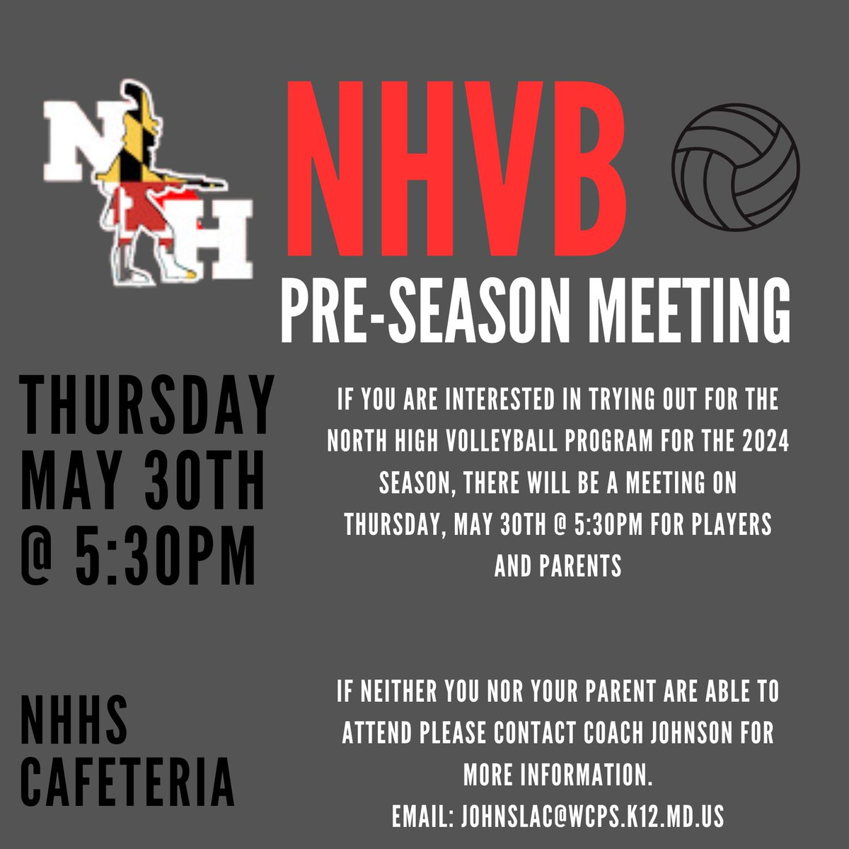 There will be a meeting on Thursday May 30th at 5:30 PM in the NHHS Cafeteria for anyone interested in trying out for the NHVB program. During this meeting, we will be handing out a summer schedule as well as all information regarding Family ID, and fall tryouts! #NHVB