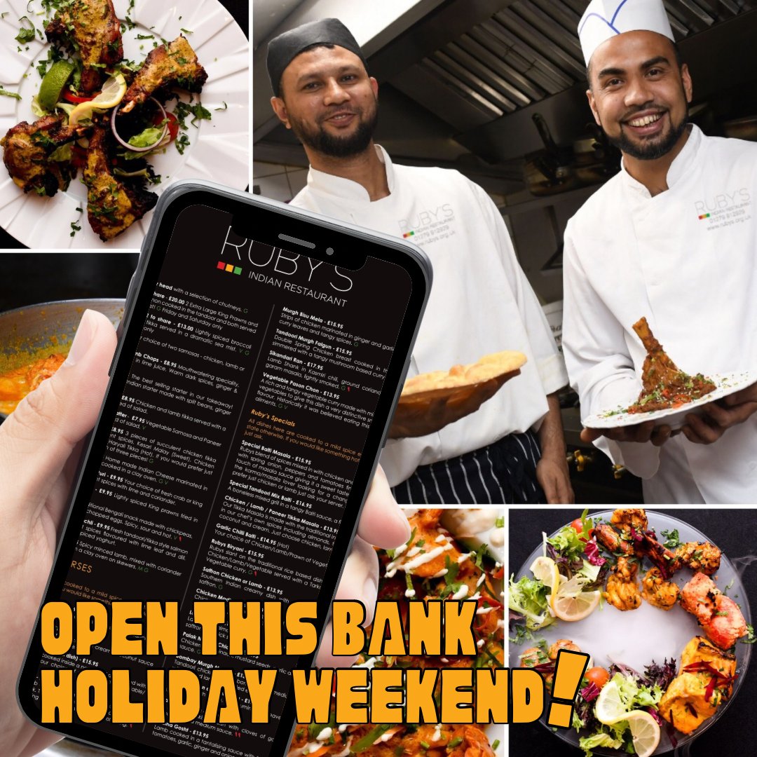 We’re OPEN this Bank Holiday Weekend!! 😄☀️🥘🍛

Fine Dining | Takeaway | Delivery
rubys.org.uk | 01279 912929 (opt2)

#indianfood #indianbread #rubysrestaurant #stortfordcurry #bishopsstortford #currylover #hertfordshire #essex #stanstedcurry #bankholidayweekend