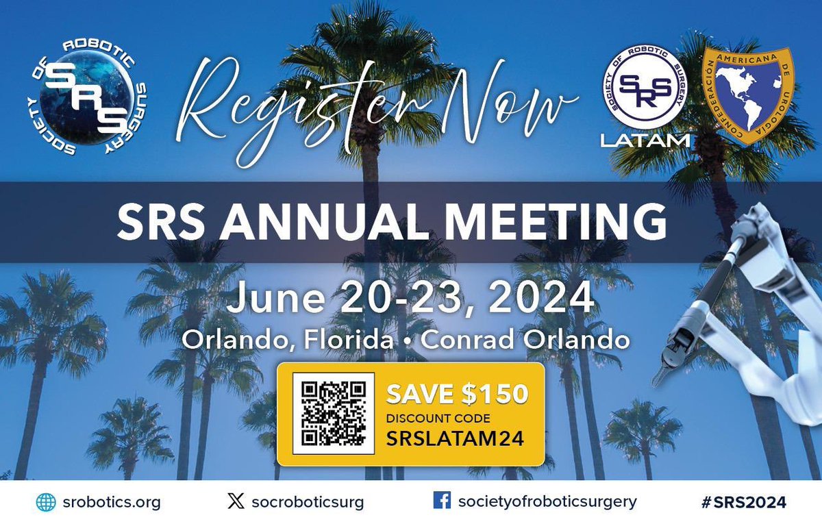 Don’t forget to register for #SRS2024❗️ More info below 🙂— this years meeting will be jam packed with the latest technology‼️Bring the whole family 🌴 @WaltDisneyWorld 🫶😍 @MarkSoliman @SRSLATAM @eparradavila @armando_melani @socroboticsurg @SAGES_Updates @ASCRS_1 @escp_tweets
