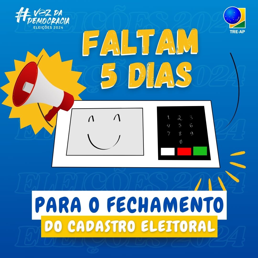 🤯 Faltam só 5 dias para encerrar o cadastro eleitoral! Ainda precisa alterar seu local de votação ou resolver algo com a #JustiçaEleitoral? Resolva até 8 de maio!