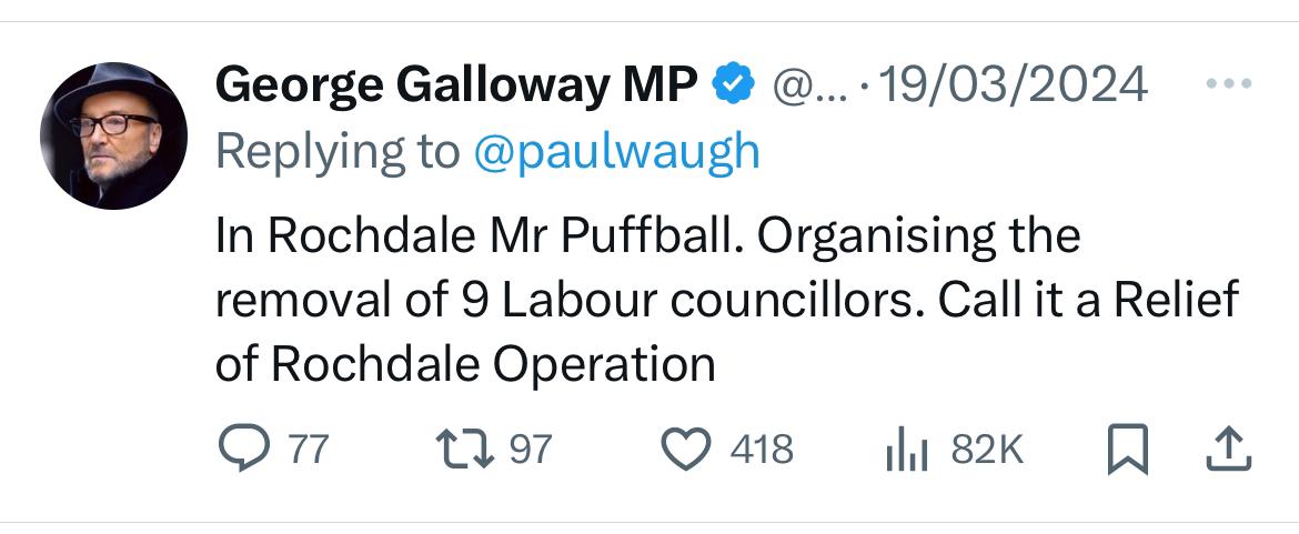 In March, Galloway said he would remove 9 Labour councillors. Today, he won just 2. And Labour gained 1 from an independent. The top 3 party local election votes in the Rochdale Parliamentary constituency: Labour 9,531, Workers Party 5,755, Tory 4,496.