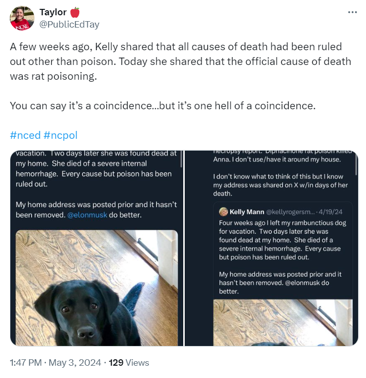 This is some amazing conspiracy theorizing by a teacher's union activist, suggesting that @SloanRachmuth conducted a politically-motivated assassination of @kellyrogersmann's dog