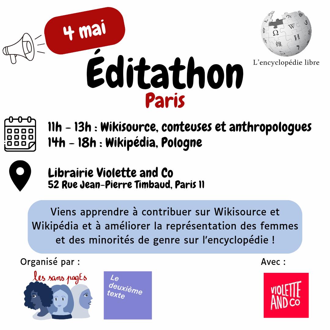 C'est le retour de nos ateliers mensuels chez Violette &amp; Co ! Retrouvez <a href="/lessanspagEs/">les sans pagEs 💪🏾🧙‍♀️🏳️‍🌈</a> et <a href="/Georgele2etexte/">Le deuxième texte</a> pour améliorer la représentation des femmes et des minorités de genre sur <a href="/wikisource_fr/">Wikisource</a> puis <a href="/Wikipedia_fr/">Wikipédia en français</a> 😊

Inscriptions : meta.wikimedia.org/wiki/Event:Vio…

#wikipedia #féminisme