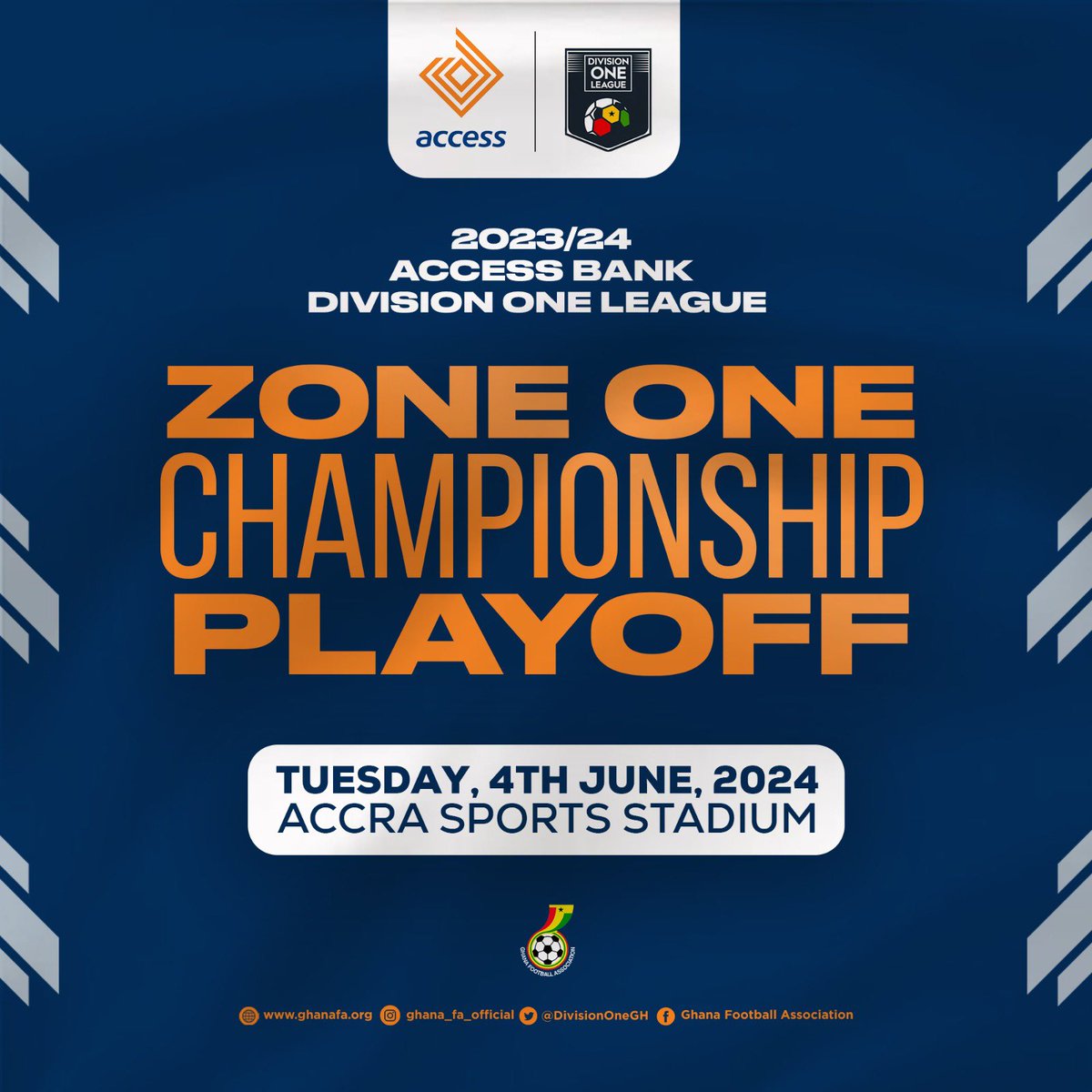 The @DivisionOneGH Zone One Championship playoff for this season will take place on June 4, 2024, at the Accra Sports Stadium. The 2023-2024 Access Bank Division One League playoff will feature the winners of Zone 1A and B in a face-off against each other.