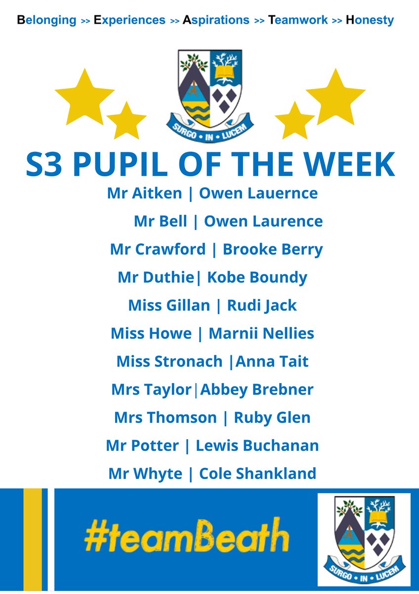 🌟💙 PUPILS OF THE WEEK💙🌟 Well done to our S1-3 POTW who have went above and beyond, demonstrated @Beath_HS values and tried their best 👀