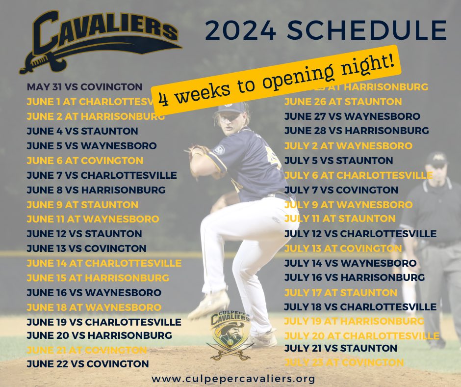 Only 4 weeks from today to opening night. Save the date. Get your season and family passes at culpepercavaliers.org/ticket-informa… #summercollegiatebaseball
