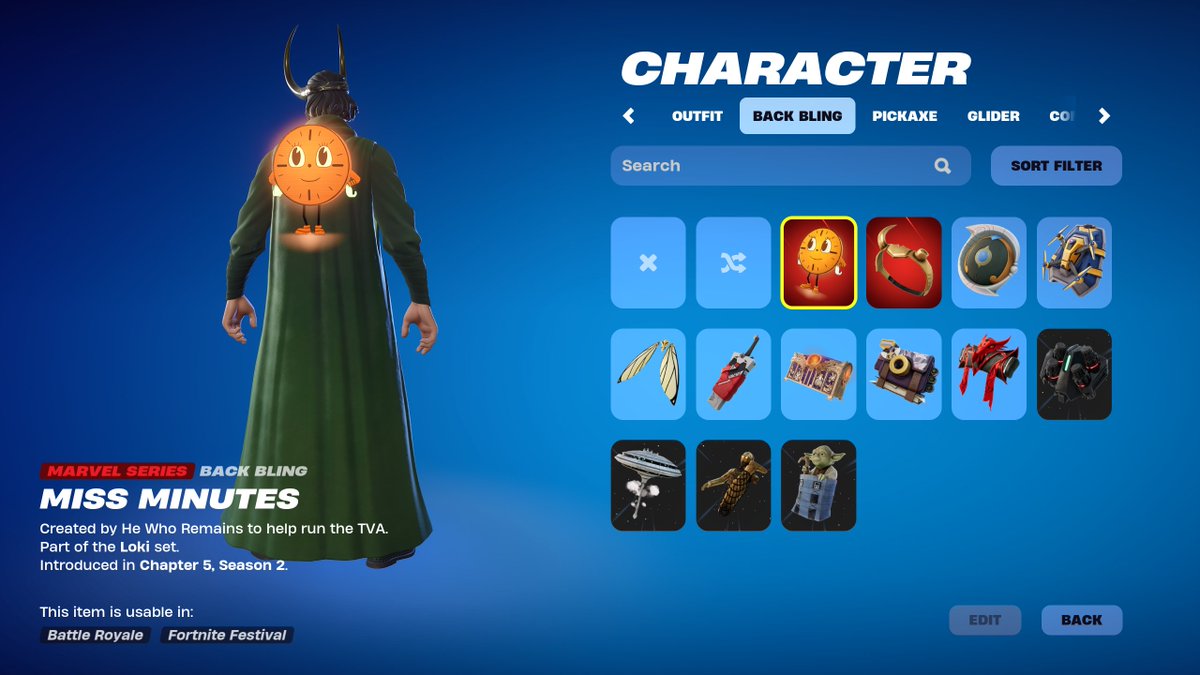 Fortnite x Loki Loki, God of Stories Skin Miss Minutes Backbling