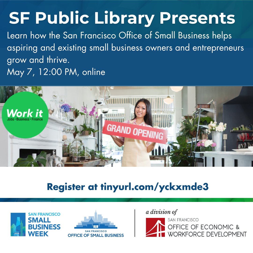 Join our expert business case manager Martha Yanez in a virtual session on Tuesday to learn about how @SFOSB can help you start and grow your business. Hosted by the @SFPublicLibrary during @sfsmallbusiness tinyurl.com/yckxmde3