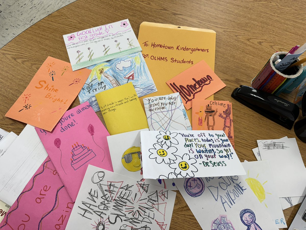 What a nice surprise from our middle schoolers. They sent words of encouragement and cards to our kindergarteners. They loved reading these cards! #hmt123 #d123