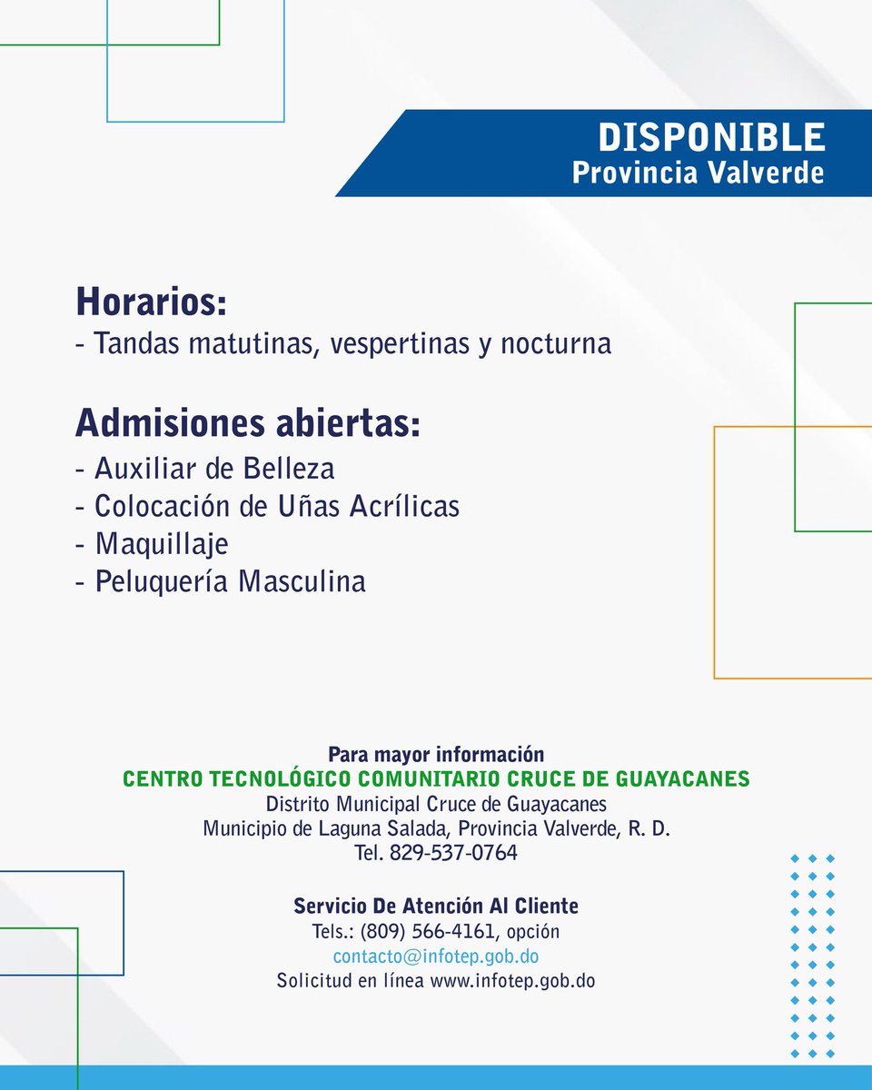 InfotepRD's tweet image. ¡Fórmate para el futuro! 🤩

📍Provincia Valverde 

Para mayor información, favor comunicarse a nuestro Centro Tecnológico Comunitario Cruce de Guayacanes:

📲 829-537-0764

¡Esperamos por ti!   

#CapacitarEsProgresar
#INFOTEPteImpulsa
 #Progreso #Superación