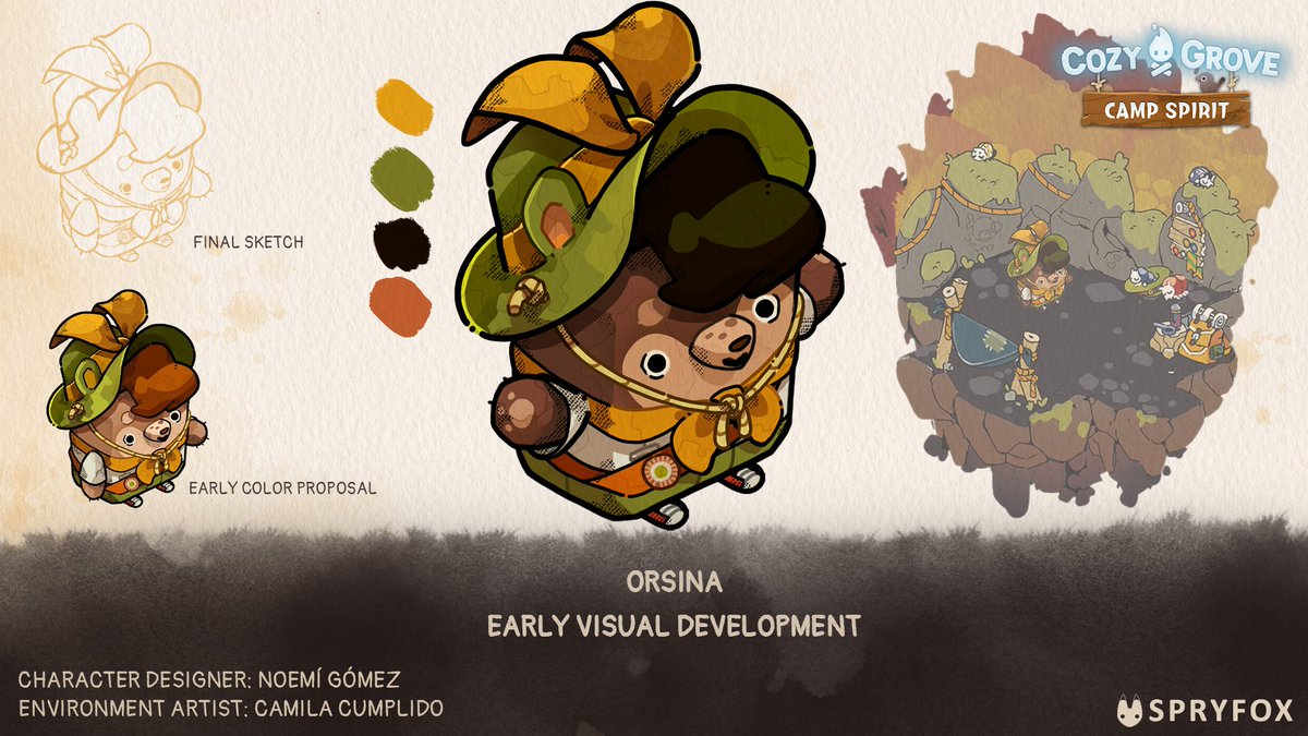 spryfox's tweet image. Earlier this week over @CozyGrove, we introduced folks to Orsina, who is one of our new bears that will be in Cozy Grove: Camp Spirit! 🏕️ 

Here's a little peek behind-the-scenes of her development. Delightful concepts by the equally delightful @Yuemi22 and @Chiisao !