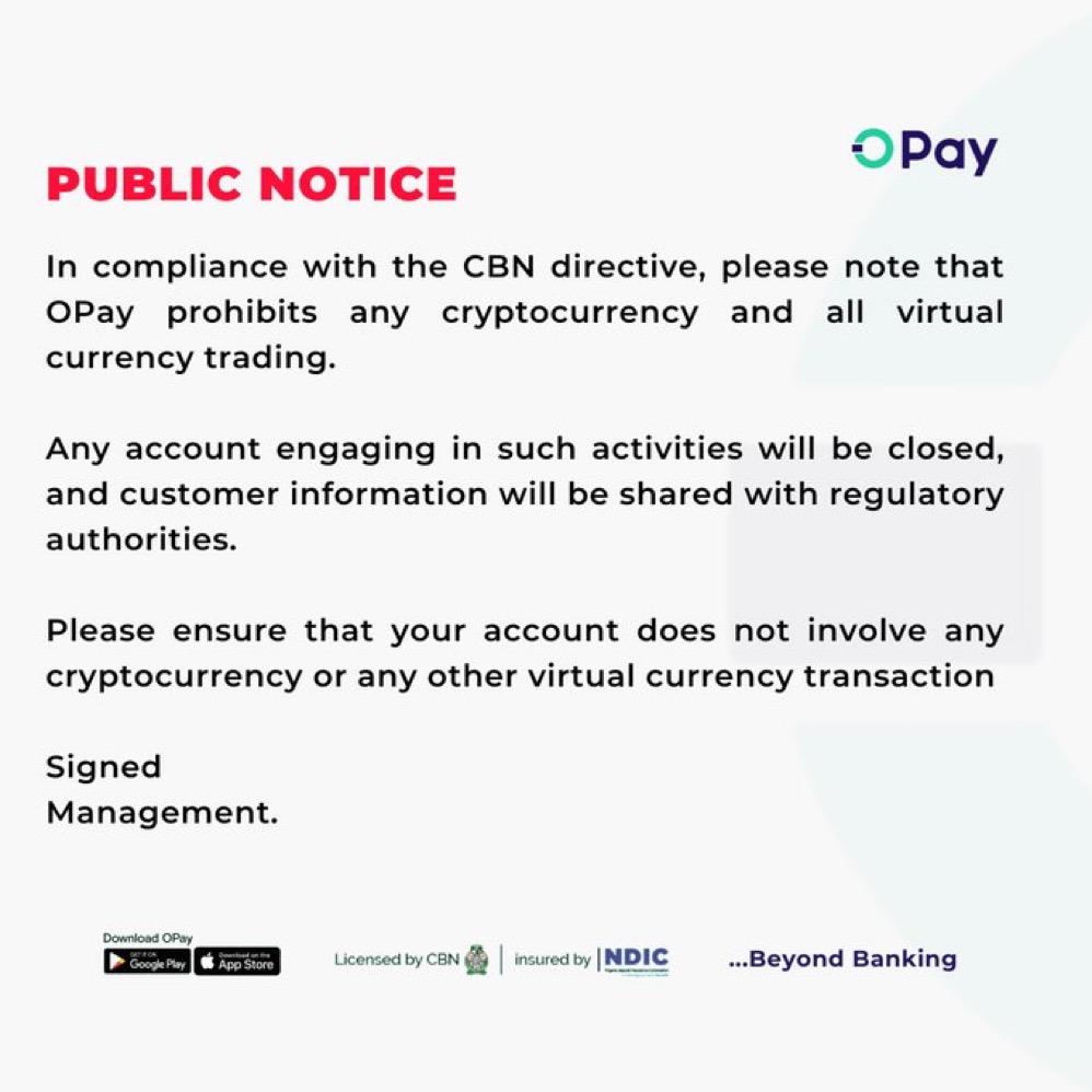 JUST IN: A message to Opay account holders