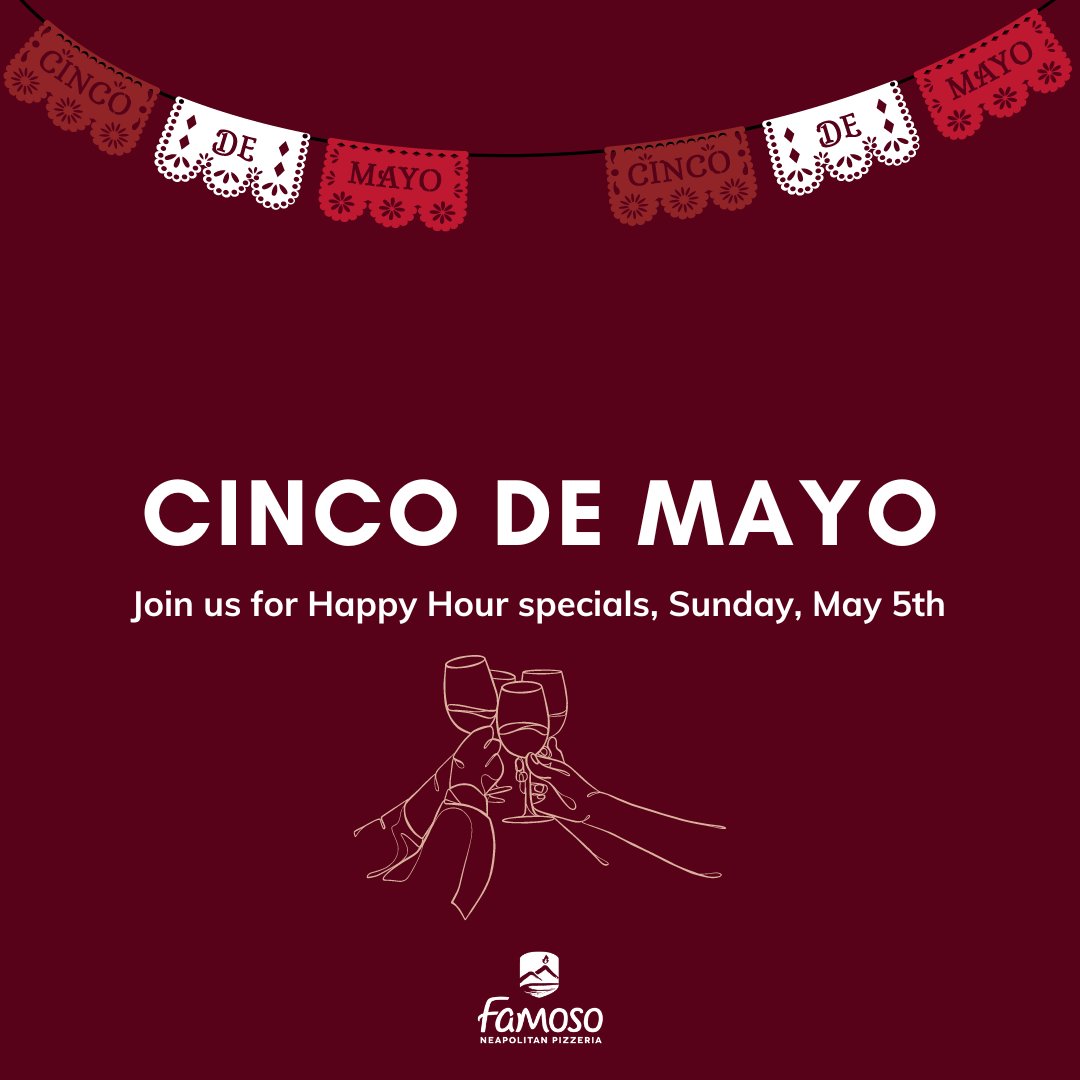 Cinco de Mayo is coming up on Sunday and we invite you to join us! While we’re an Italian Pizzeria at heart, we’ll take any opportunity to get together with our favourite people over good food and drinks. 

Grab your friends and stop by and celebrate with our Happy Hour specials.