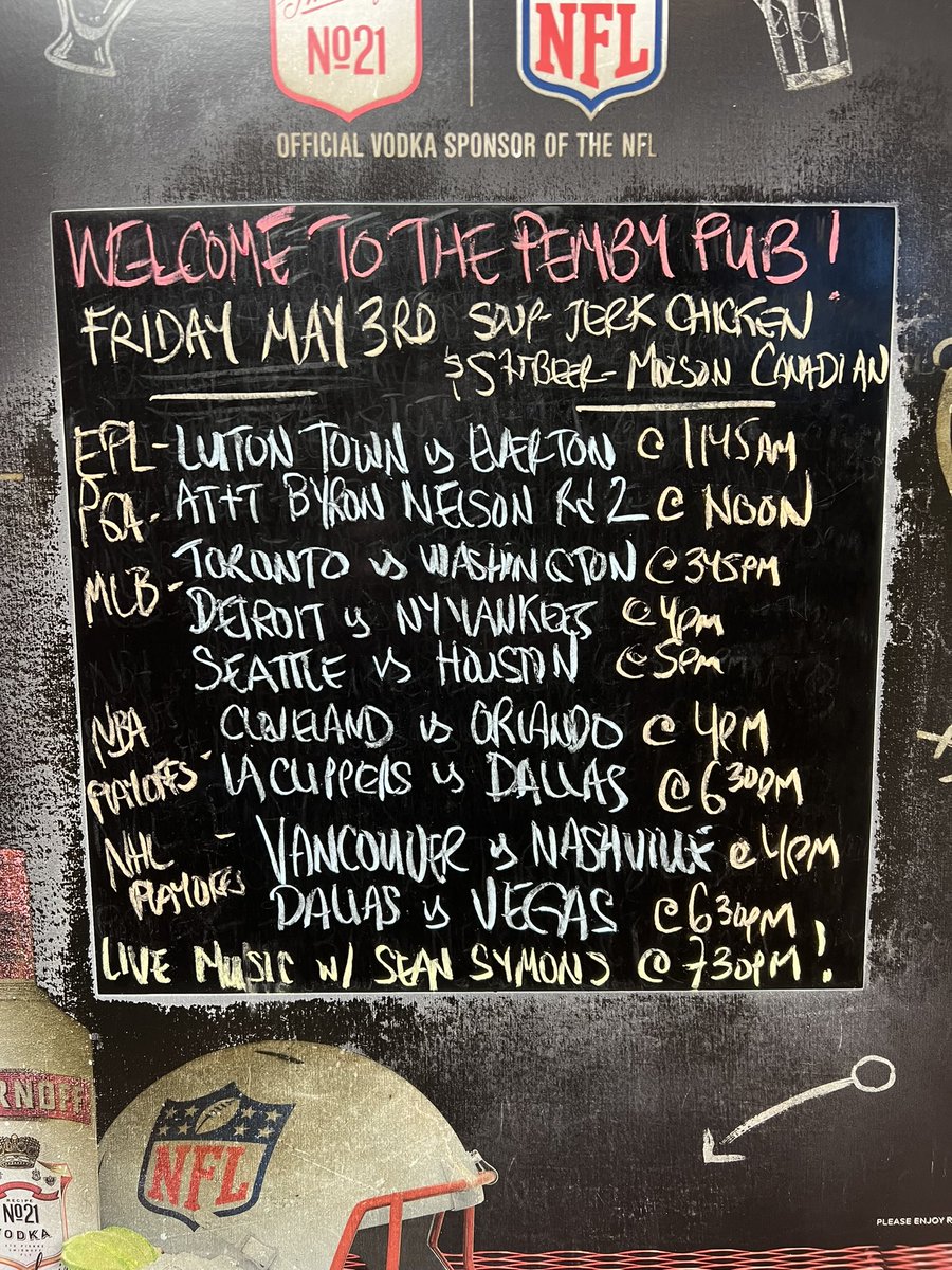 A fantastic Friday to visit @ThePembyPub Soup is Jerk Chicken!  Join us for @premierleague @PGATOUR @MLB with @BlueJays at 3:45pm #NBAPlayoffs at 4pm #StanleyCupPlayoffs with @Canucks at 4pm Live music with Sean Symons at 7:30pm #pembypub #NorthVan #yourteamplaysatthepemby