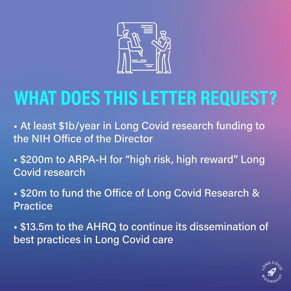 NEW CAMPAIGN ALERT 🚀

We are calling Congress to ensure #LongCovid research funding is included in the FY25 budget.

Senators Markey, Kaine, and Duckworth have cosponsored a letter calling for $1B+ in funding. It needs more signatures by May 7th!

Guide: longcovidmoonshot.com/call-guide
