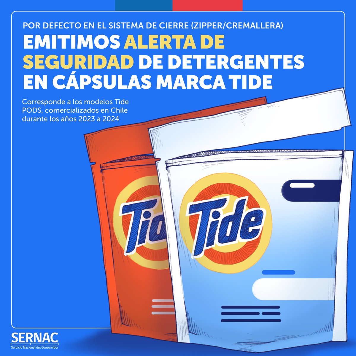 🚨 Alerta de Seguridad en 1872 unidades de Detergente en Cápsulas Tide PODS 2023-2024, por defecto en el sistema de cierre, lo que podría revestir un riesgo para los consumidores. 👉Ingresa a sernac.cl para conocer cómo requerir el reembolso del producto.
