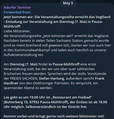 Die als gesichert #rechtsextrem eingestufte Kleinstpartei der #FreienSachsen plant am kommenden Dienstag in Pausa-Mühltroff im #Vogtland eine Veranstaltung. Neben dem stellv. Vorsitzenden Hartung wird auch der #Reichsbürger Frank Haußner dort auftreten.

#Sachsen #Thüringen