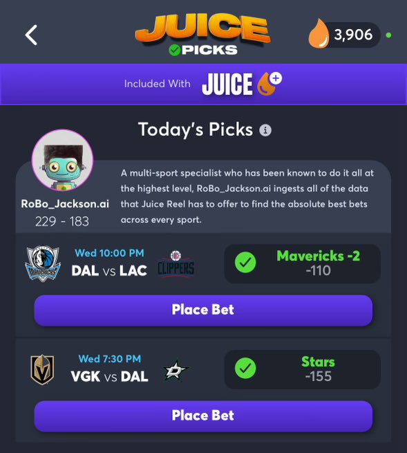 Meet Robo Jackson, the AI bot who puts out two picks every day at 12pm ET in the @juice_reel app On a six game winning streak 🔥 Their free app is worth checking out! 👇 juicereel.onelink.me/qkUM/kii84jpt