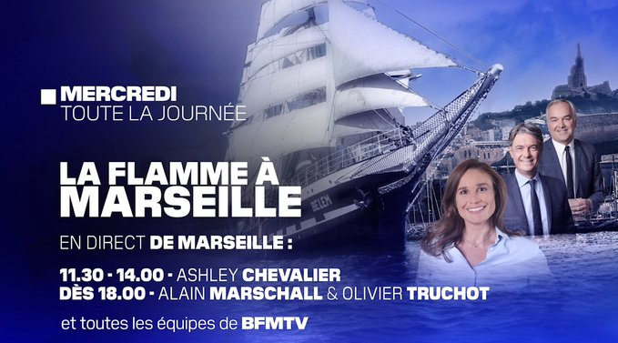 Mercredi 8 mai, BFMTV met en place un dispositif exceptionnel pour faire l’arrivée de la flamme olympique à Marseille à bord du Belem.

Les émissions « Le Dej info » et « BFM Story » seront délocalisées depuis un plateau au cœur de la cité phocéenne