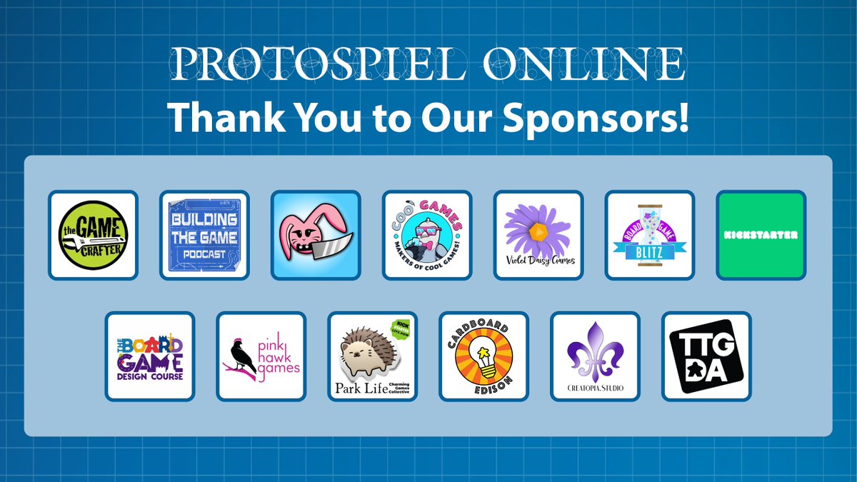 Protospiel Online May 2024 is now open! Check out our awesome sponsor lineup! Wherever you see them online or in person, please tell them thank you for helping support our mission to foster inclusivity, transparency, & collaboration in tabletop games💜