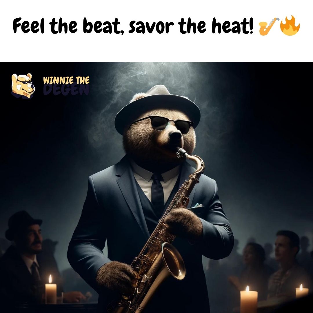 WinnieTheDegen's tweet photo. Where the music flows, the coolness follows. Jazz Bear sets the mood tonight! 🎤🐻 
#CoolBear #MemeCoin #Nightlife https://t.co/Mh9WmBY9fc