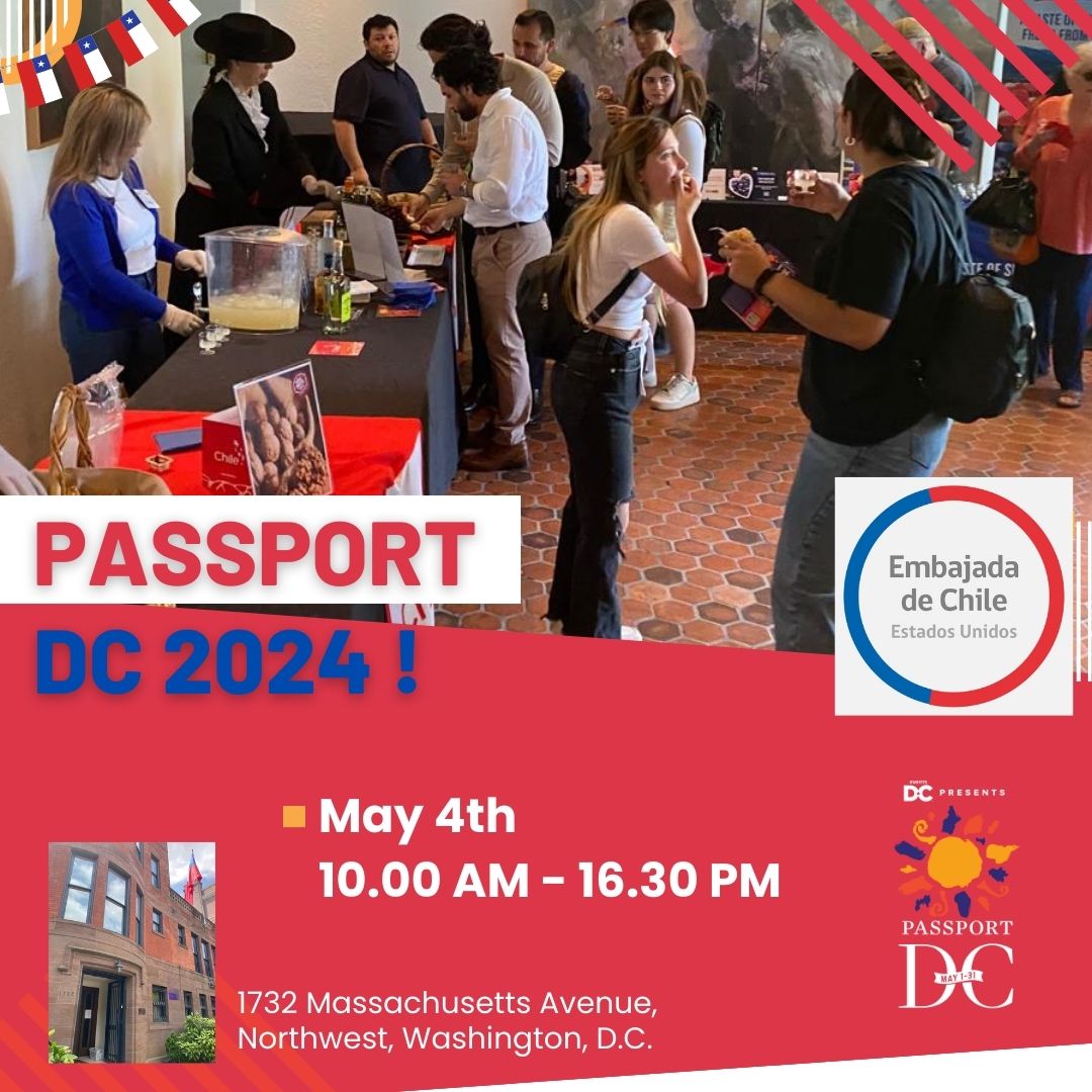 Join us tomorrow from 10AM onwards for an enchanting journey at #PassportDC's Embassy World Tour! Taste the culinary delights and immerse yourself in the captivating rhythms of Chile !
