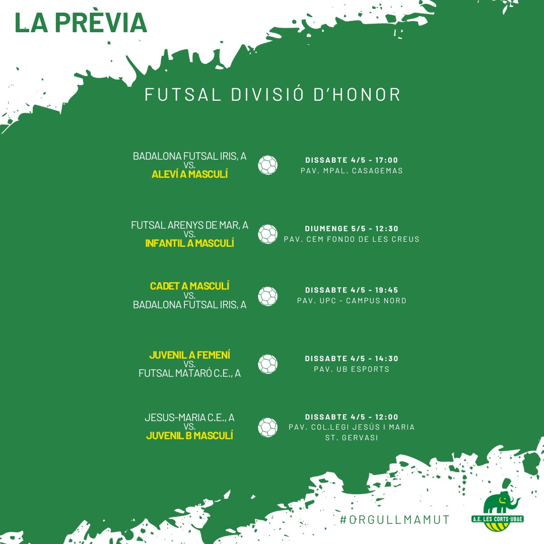 FUTSAL | ⚽ La prèvia de la jornada mamut de futbol sala amb tots els partits del cap de setmana. ✍🏼 Apunteu rivals, horaris i pistes per no perdre detall. 👏🏼 Ens veiem a les grades! Som-hi mamuts! 💚🦣 #OrgullMamut #futsal