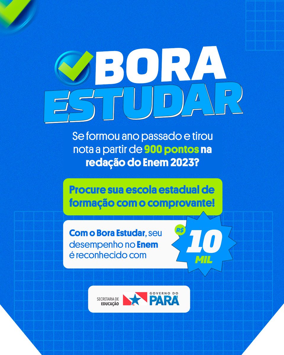 O Bora Estudar reconhece e premia o desempenho escolar dos estudantes da rede estadual! 

Com o Bora Estudar, seu desempenho no Enem é reconhecido com R$10 mil para construção, reforma, ampliação, melhoria ou adaptação da unidade habitacional.