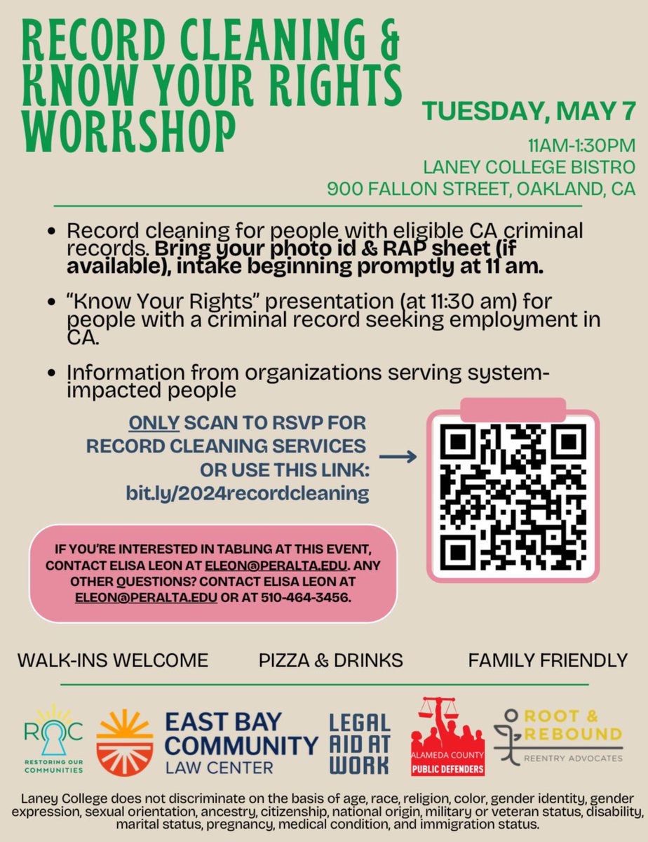 Come thru! Record Cleaning & Know Your Rights Workshop on Tuesday, May 7 from 11:00 AM to 1:30 PM at Laney College Bistro. #CleanSlate #KnowYourRights @ROOTandREBOUND @EBCLCNews @LegalAidAtWork