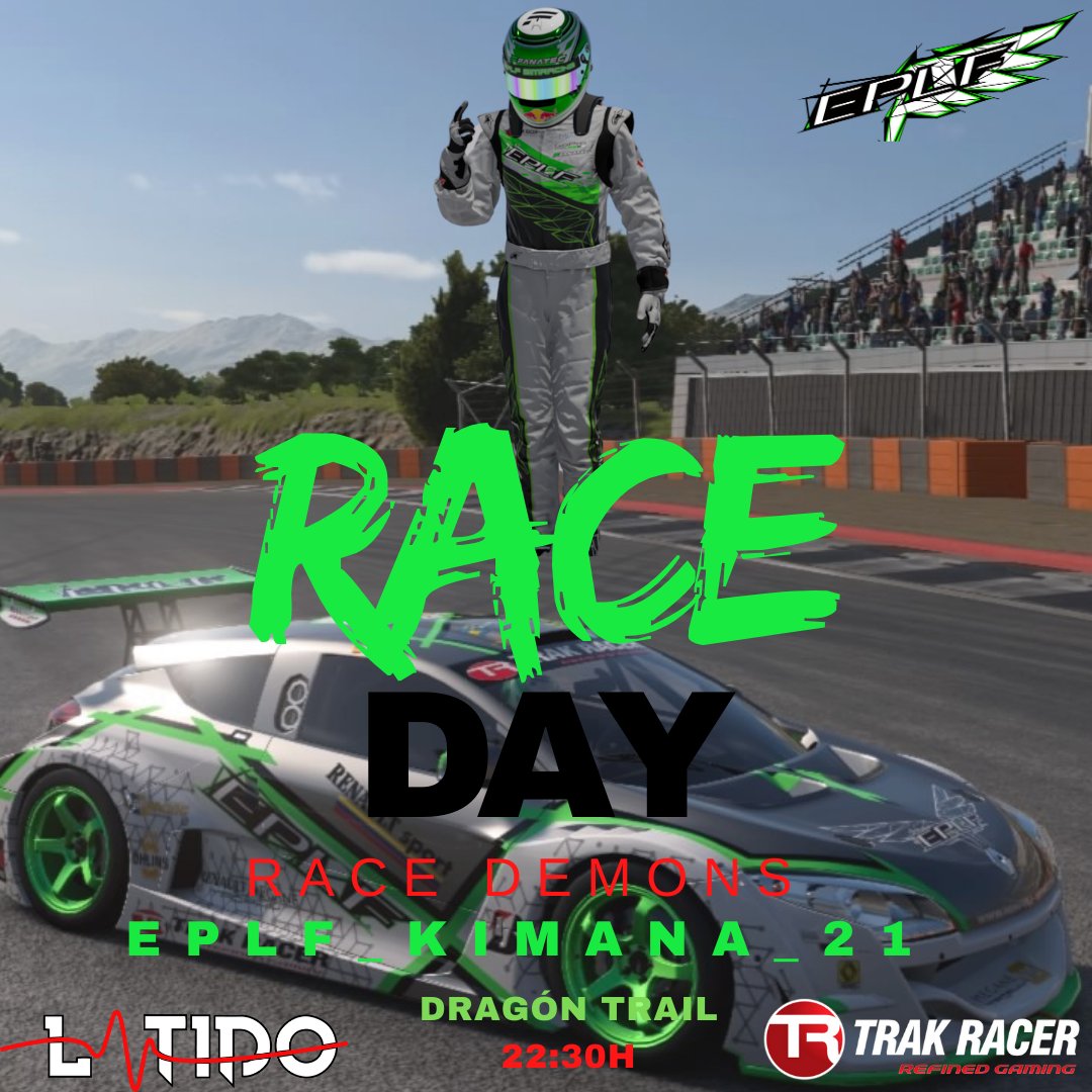 Última carrera esta noche del  #TorneoMeganeTrophy de los chicos de <a href="/RaceDemons/">RACE DEMONS TEAM</a> dónde irán de la mano nuestros compañeros <a href="/ArturoCarreter6/">Yo</a> y #EPLF_Kimana_21. ¡Mucha suerte compañeros! 💪💪💪💚💚💚 #EPLFPOWER #NeverGiveUp #SOMOSEPLF <a href="/trak_racer/">Trak Racer</a> <a href="/latidoshop/">Latido</a>

A partir de las 22:30