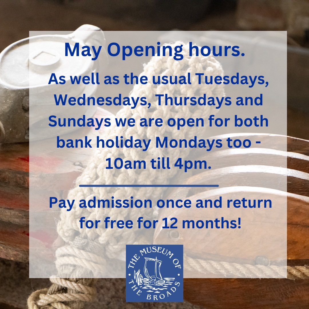 Are you coming to #Norfolk for the bank holiday weekend? 
I do hope you’ll visit us!
Boat trips. Dog friendly. And a new Peat exhibition! 
No ticket needed for the cafe. 

#Stalham #MayBankHoliday