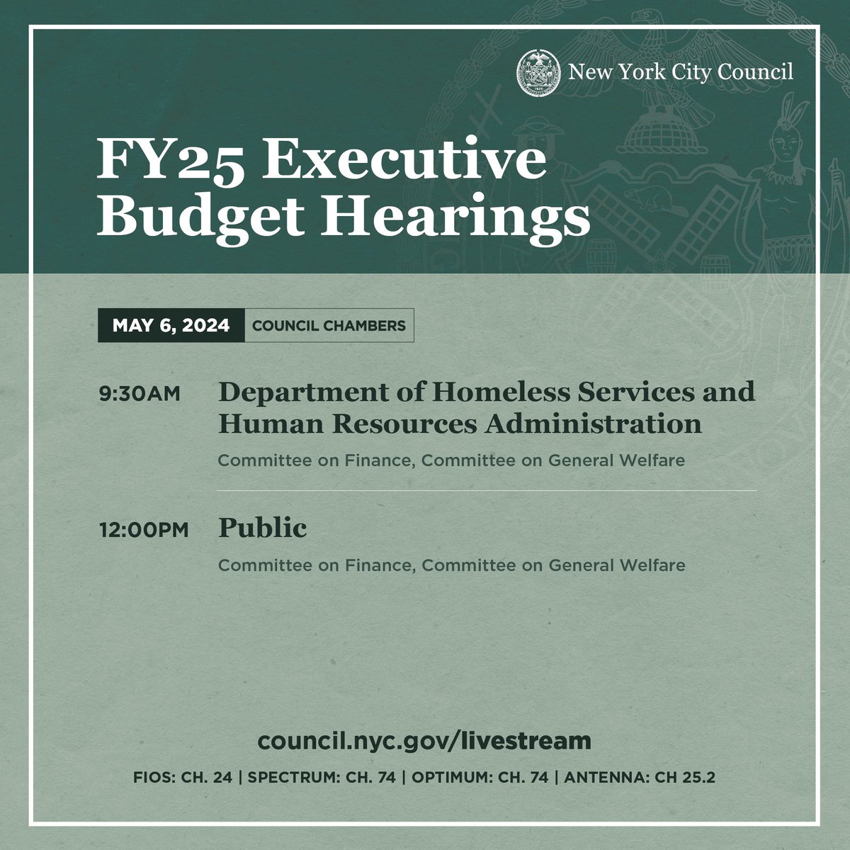 Happy Executive Budget Hearings season to all who celebrate! Tune in on Monday for the first hearing about @nycmayor’s Executive Budget for FY25, hosted jointly by the Committees on Finance and General Welfare. 📺 Watch live: council.nyc.gov/livestream/