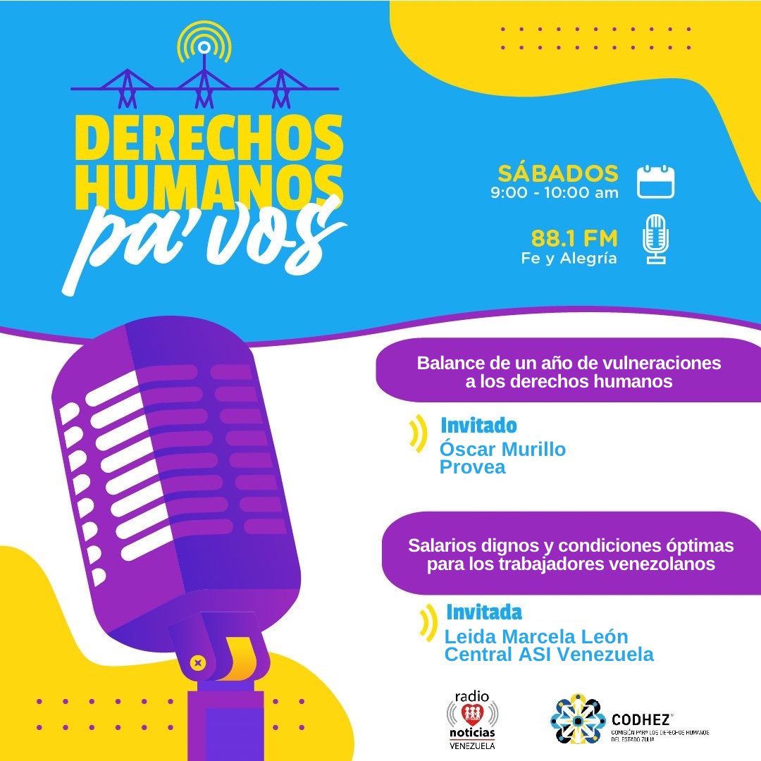 Este sábado, #4May, en #DDHHPaVos conversaremos sobre: 🚨 El #InformeProvea2023, con Óscar Murillo, de @_Provea 👩‍🏭 Salarios dignos, en el marco del #DíaDelTrabajador, con Leida Marcela León, de la @CentralASI ¡Sintonízanos! ⌚️9:00 a.m. 📲 radios.feyalegrianoticias.com/maracaibo-fm/