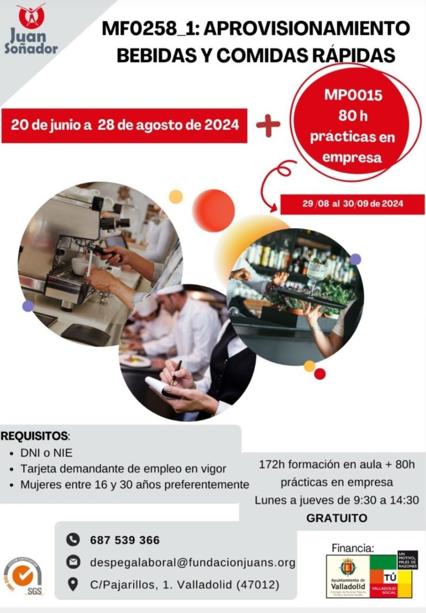 Nueva formación gratuita 👇 Aprovisionamiento de bebidas y comidas rápidas. 📅 Del 20 de junio al 28 de agosto. 🕜 Horario diurno 📍 Valladolid Ya puedes inscribirte.