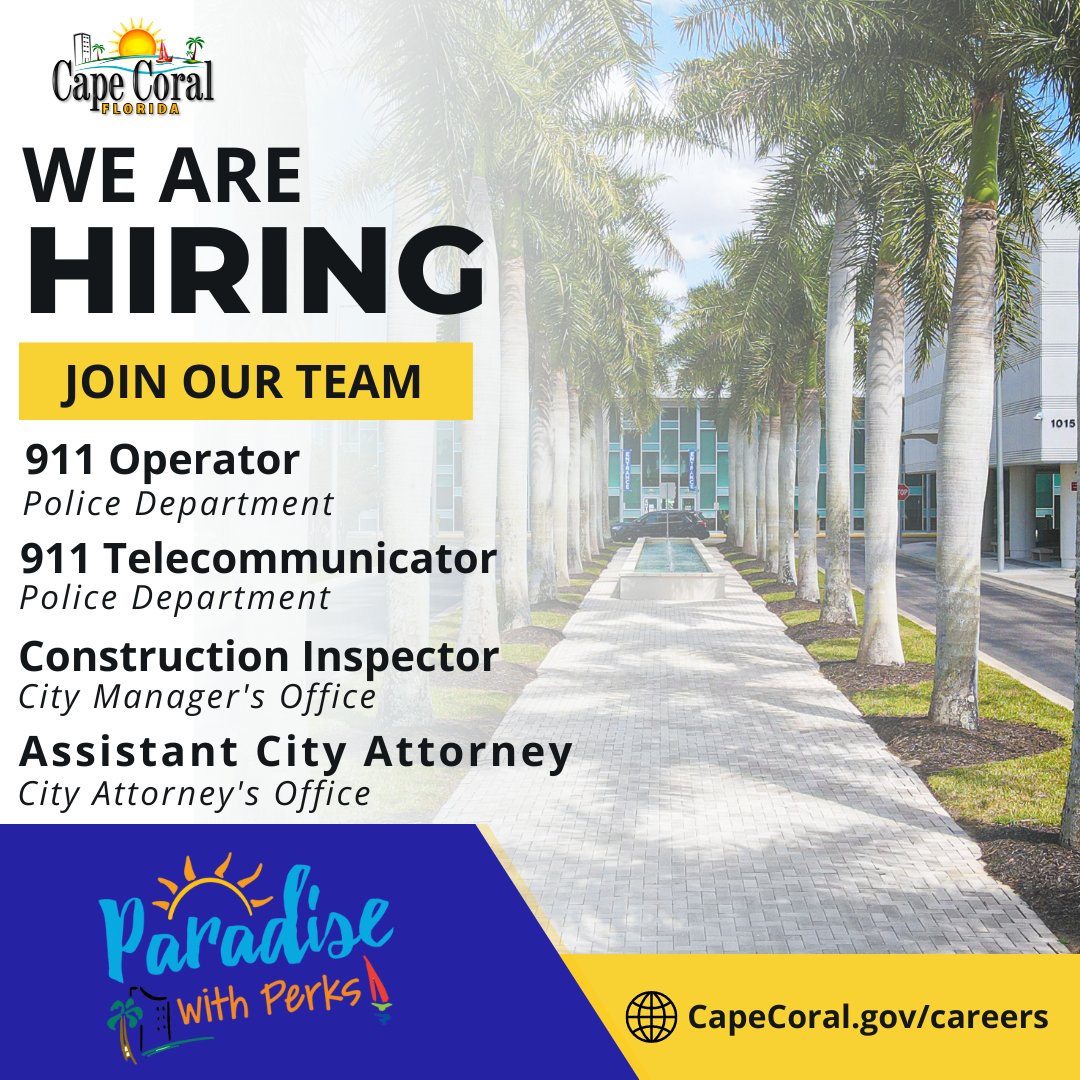 📣 WE'RE HIRING The city is hiring for the following positions: 911 Operator bit.ly/3UoIZkf 911 Telecommunicator bit.ly/3UGW9dG Construction Inspector bit.ly/4a1eDKv Assistant City Attorney bit.ly/3wgsPS6 Enjoy paradise with perks! 🌴☀️