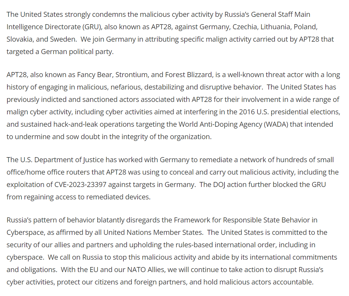 DOJ helped Germany clean Russian govt malware off of hundreds of small office/home office routers to dismantle a botnet that Russia was using for cyberattacks, the Biden admin said today in condemning Russia's campaign against multiple European nations. state.gov/the-united-sta…