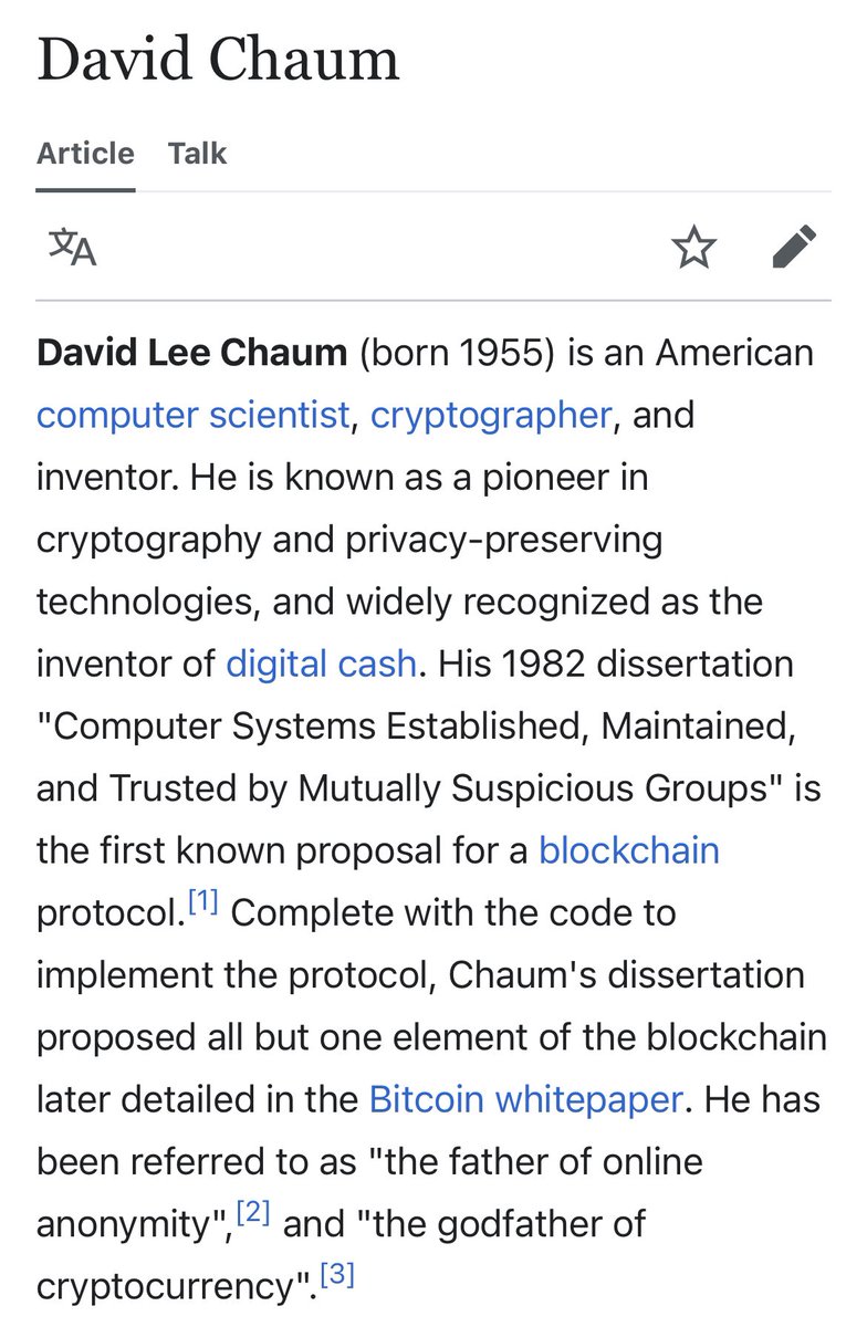 David Chaum  (Short thread 1/2)

Digicash
Ecash
XX Network
Mixx Labs

Godfather of cryptocurrency