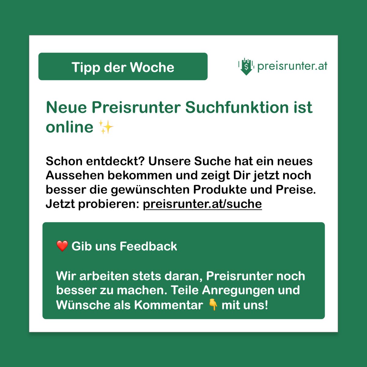 😍 Wir haben uns herausgeputzt – hast Du die neue Preisrunter Suche schon gesehen? 🔍

Diese findet Deine Lieblingsprodukte nun noch schneller, im neuen Design. Ähnliche Produkte werden ebenso zusammengefasst, damit Du den Durchblick behältst. 🤓

Probiers doch gleich aus!
