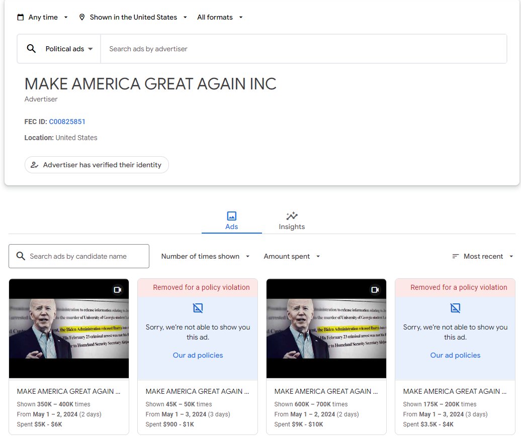 MrArenge's tweet image. NEW: This ad has been removed by Google for a "policy violation".  It was live in the Google archive this morning but I just looked and it's now been removed.

Super PAC spent over $15K targeting it at specific communities near Macon, GA after launching it on April 25th.