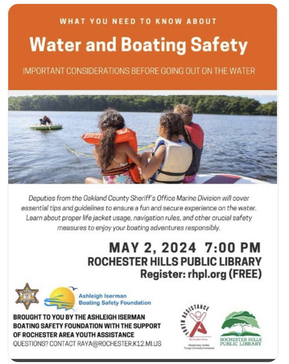 Thank you to the <a href="/RHPLibrary/">Rochester Hills Public Library</a> for hosting the Ashleigh Iserman boating safety
presentation last night&amp; to the deputies who spoke and shared important water safety information thank you to Lily Duda &amp; Jan Iserman from the Ashleigh Iserman boating safety  foundation
<a href="/oaklandsheriff/">Oakland County Sheriff’s Office</a>