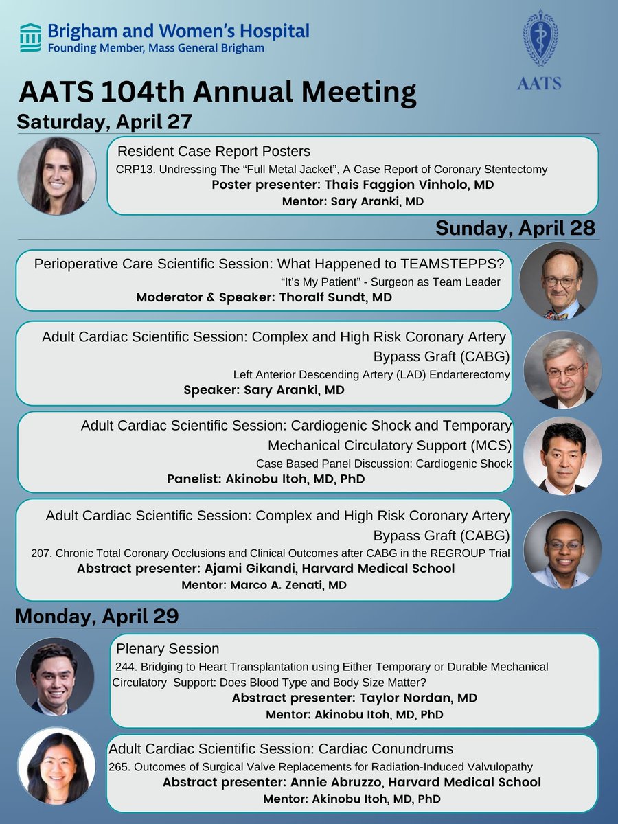 Happy Friday🎉Wrapping up this week with a recap of our presentations at @AATSHQ 104th event🎉Huge congrats to all the surgeons, residents, and @harvardmed students for their incredible work👏#AATS104 #AATS2024 #CardiacSurgery