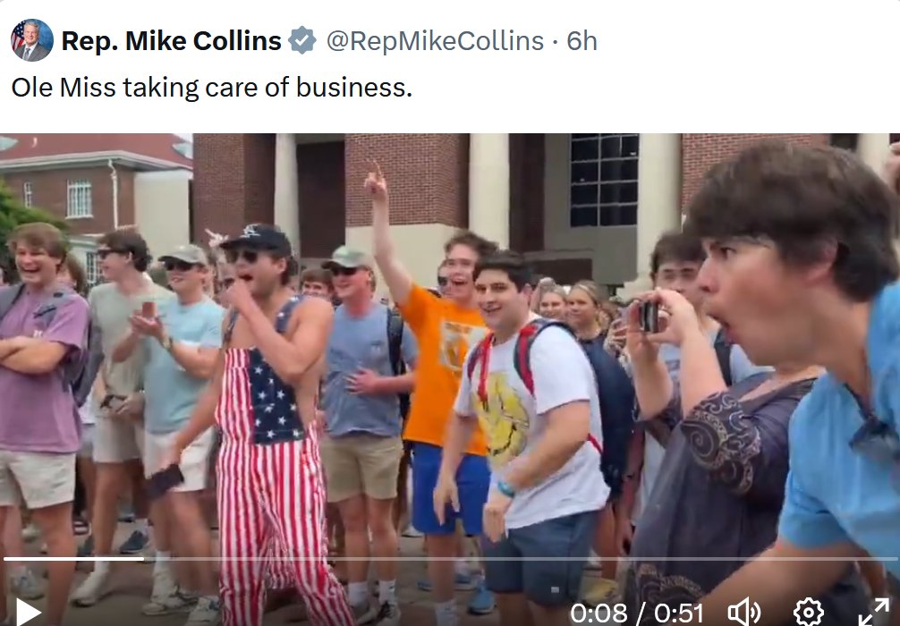 I hope the Ole Miss racist in the blue shirt is identified by name. And that every company he interviews with will Google him and see this video. Alas, that may *help* him get jobs in Mississippi . . .