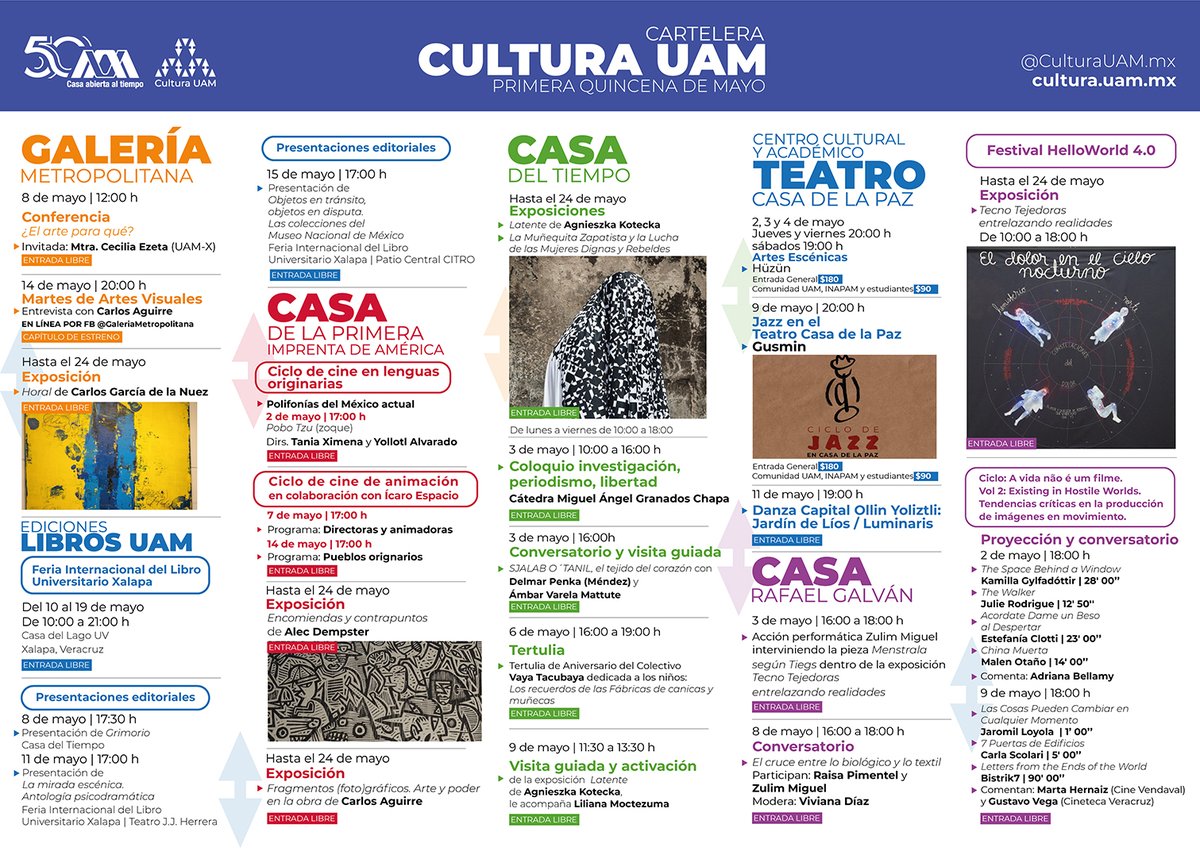 lauammx's tweet photo. ¡Teatro, festivales, música, exposiciones, talleres, presentaciones de libro, ciclo de cine y más! Consulta la cartelera cultural de la UAM
.
#UAM50 #SoyUAM #CulturaUAM
#UAMCreativa @CulturaUAMmx https://t.co/JZb9Z8m6qX