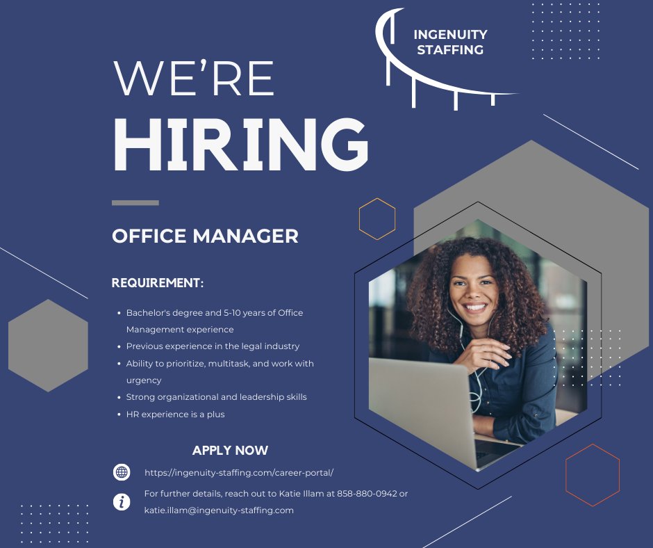 Attention Office Management pros! 📣 Seeking multitasking masters with leadership for a lucrative opportunity in the legal industry. Up to $100K salary, HR skills showcase, and dynamic team leadership. Apply now! #ReadyToLead #OfficeManagement #LegalIndustry #CareerGrowth 💼🌟