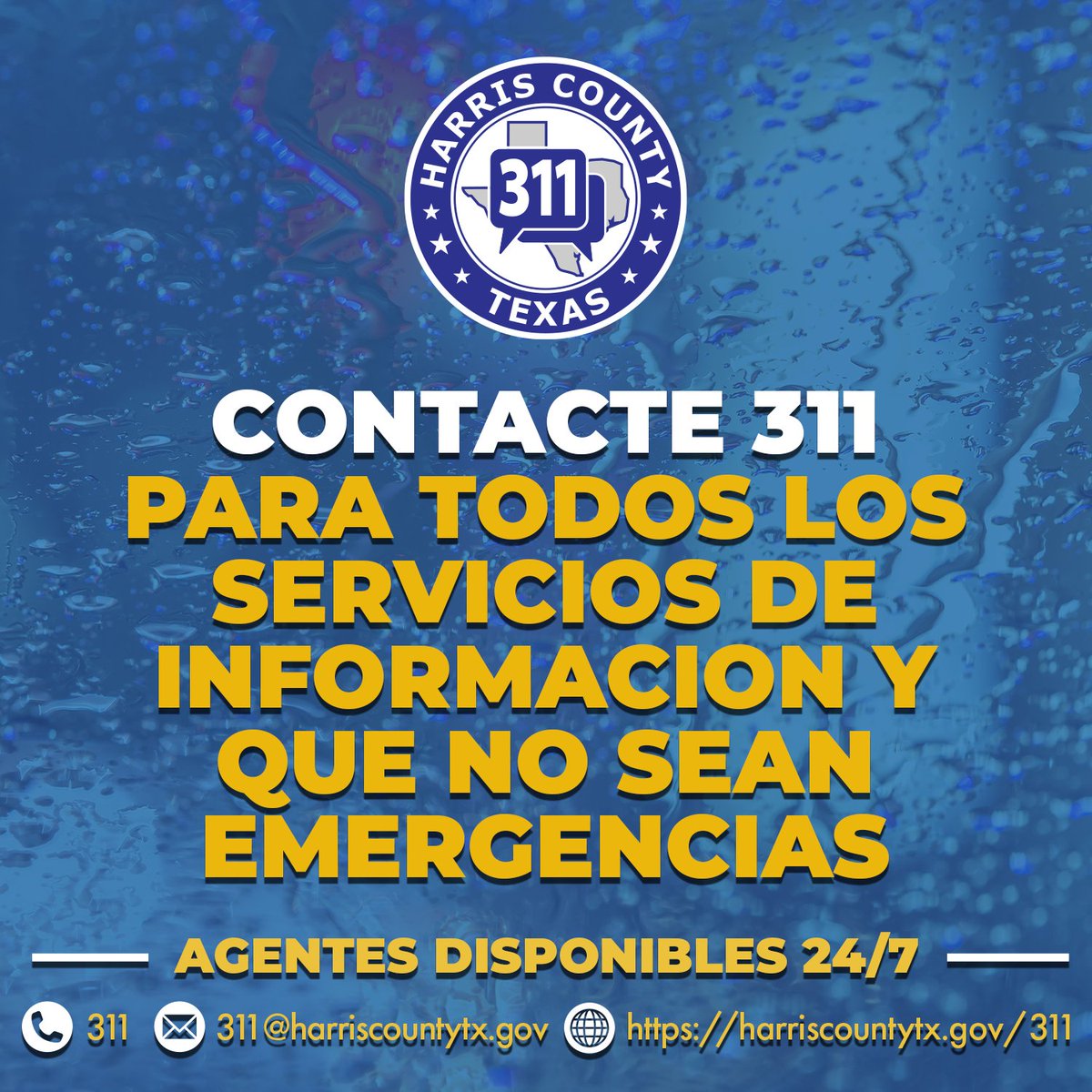 HarrisCounty311's tweet photo. MANTENTE A SALVO. MANTENTE ALERTA
Nuestros agentes están disponibles 24/7 para brindar información sobre los servicios del Condado y recibir cualquier solicitud de servicio que no sea de emergencia. Llame al 311 o visite https://t.co/2pOegdhoSP https://t.co/mfbSvJi6wV