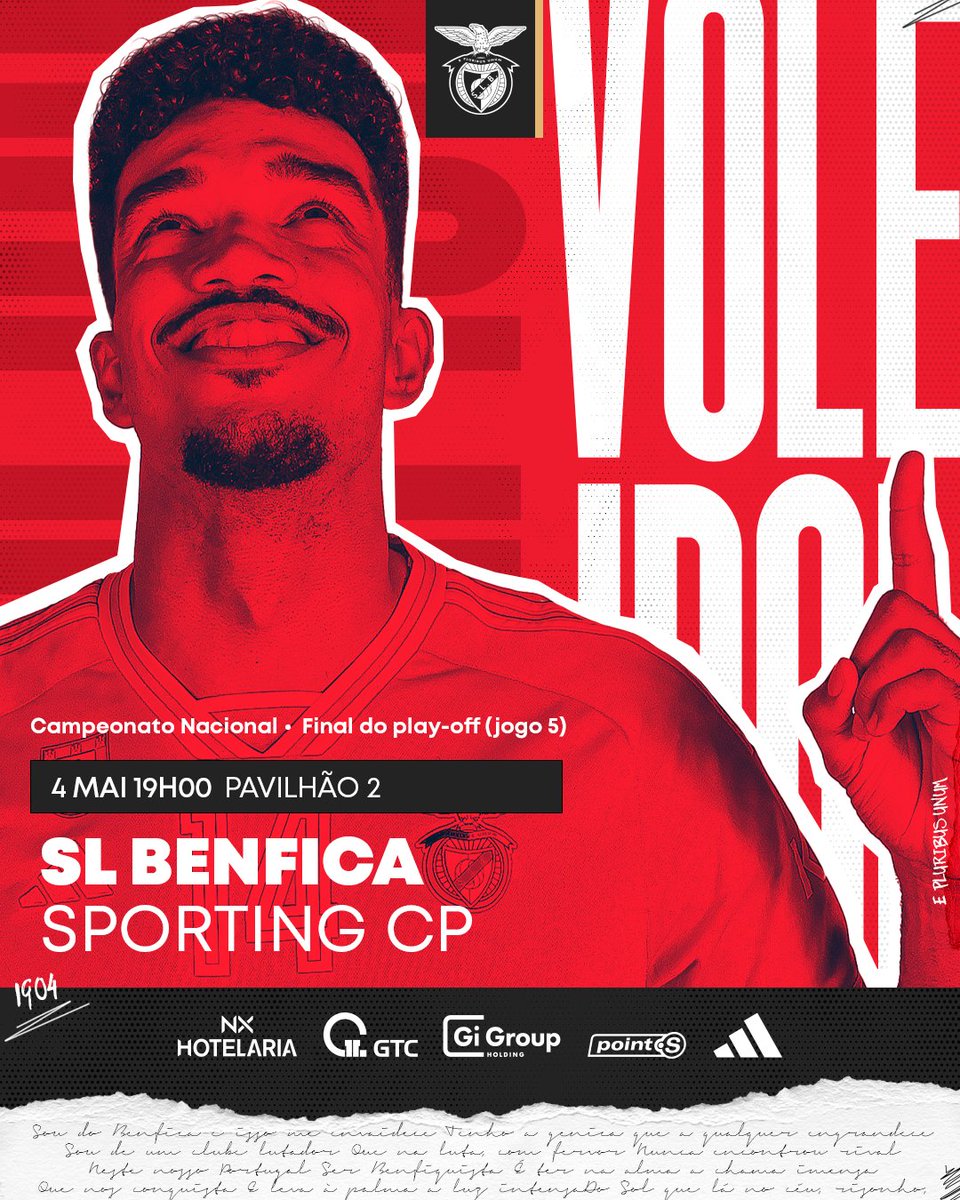 🔜 Jogo 5 da final do Campeonato Nacional
🆚 #VóleiBenfica vs. Sporting CP
🕖 19:00
📺 BTV

#NXHotelaria #GTC #GiGroupHolding #PointS @adidas