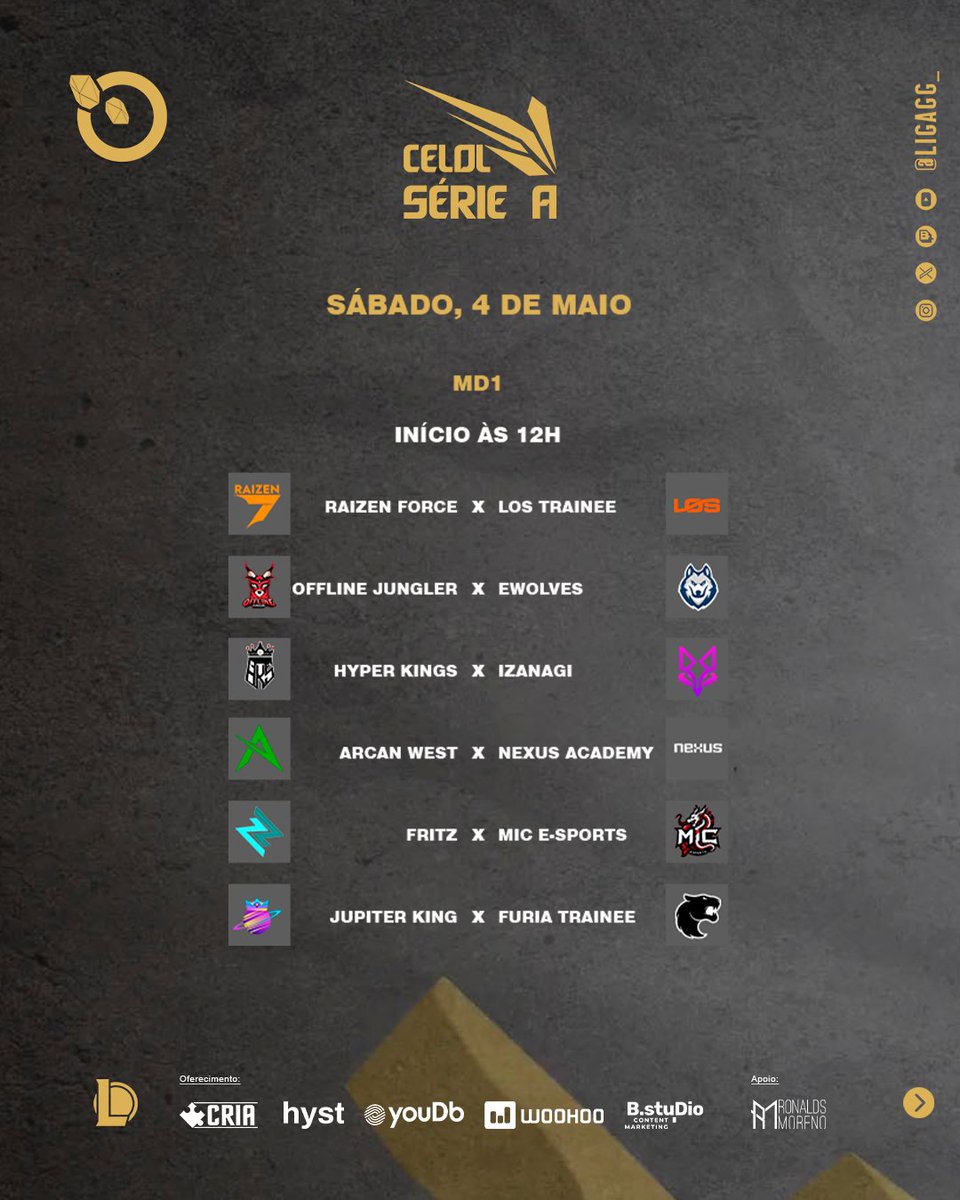 LigaGG_'s tweet photo. #CELOL #SerieA - Amanhã é dia de CELOL A!

E já voltamos no MD1! É vencer ou vencer, não tem outra opção!⚔️

Sábado 04/05, 12h:

@raizen_games x @losgrandesgg 
@OfflineJungler x @Ewolvesgg 
@HyperKingsOFC x @izanagiesports 
@ArcanWest x @nexusacademylol 
@gofritzgg x @micesportsofc 
@jkg_esport x @FURIA 

Domingo 05/05, 12h:

MIC E-sports x Raizen Force
FURIA Trainee x Arcan West
Nexus Academy x Fritz
Izanagi x Offline Jungler
LOS Trainee x Hyper Kings
EWolves x Jupiter Kings

É jogão ou não é? Já diz nos comentários quem vai ser destaque neste final de semana👇