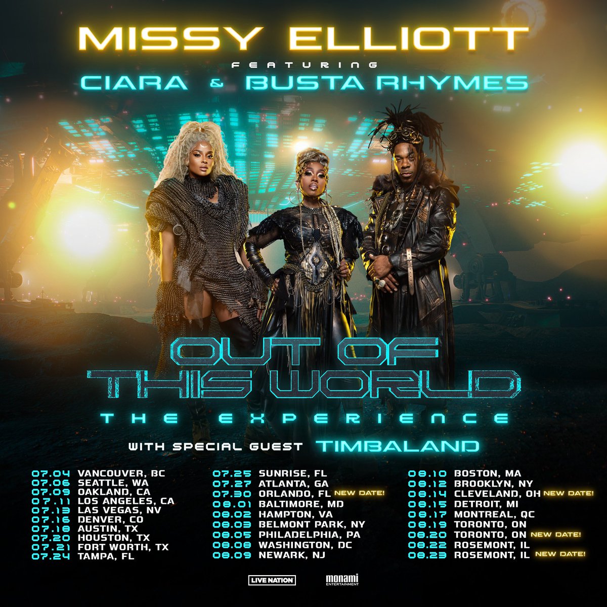 SOOOOO excited to get this epic party going with @MissyElliott , @BustaRhymes and @Timbaland for OUT OF THIS WORLD Tour! Tickets for NEW DATES out now! 💃🏽 ticketmaster.com/ciara-tickets/…