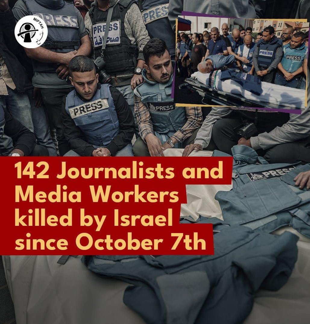Timesofgaza's tweet image. On #WorldPressFreedomDay, we honour at least 142 brave journalists who were targeted and killed by the Israeli occupation for providing news coverage on the genocide taking place in Gaza.

Don&apos;t stop talking about Palestine.