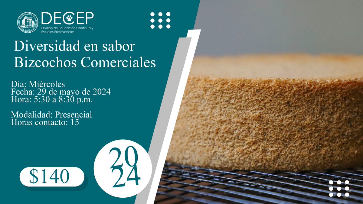 DECEPRUM's tweet photo. ¡Descubre un mundo de sabores en nuestro curso 'Diversidad en sabor - Bizcochos Comerciales'! 🍰🌟 ¿Listo para llevar tu negocio de repostería al siguiente nivel? Únete a nuestro taller práctico y aprende a crear bizcochos exquisitos en una variedad de sabores comerciales... https://t.co/Usujh0YqLt